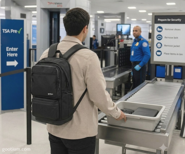A man with a TSA backpack placing a bin on an airport security conveyor belt.