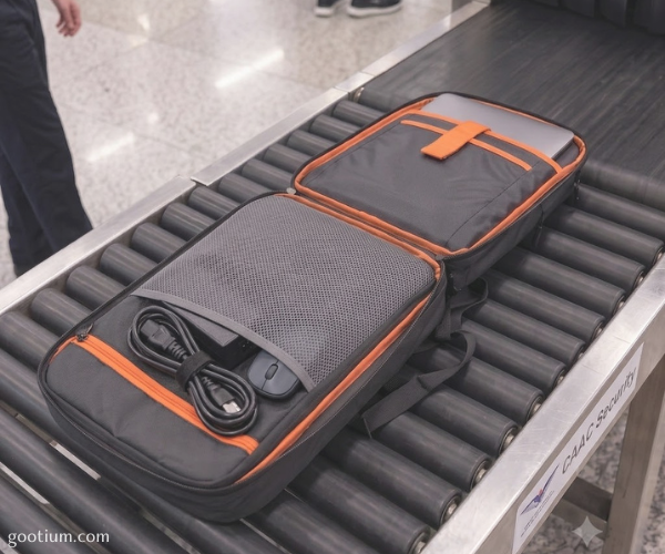 A gray and orange laptop backpack lies open on a conveyor belt, showing a mesh pocket with a coiled black cable and a main compartment. A person's legs are partially visible in the background, and the scene appears to be in an airport or transit area.