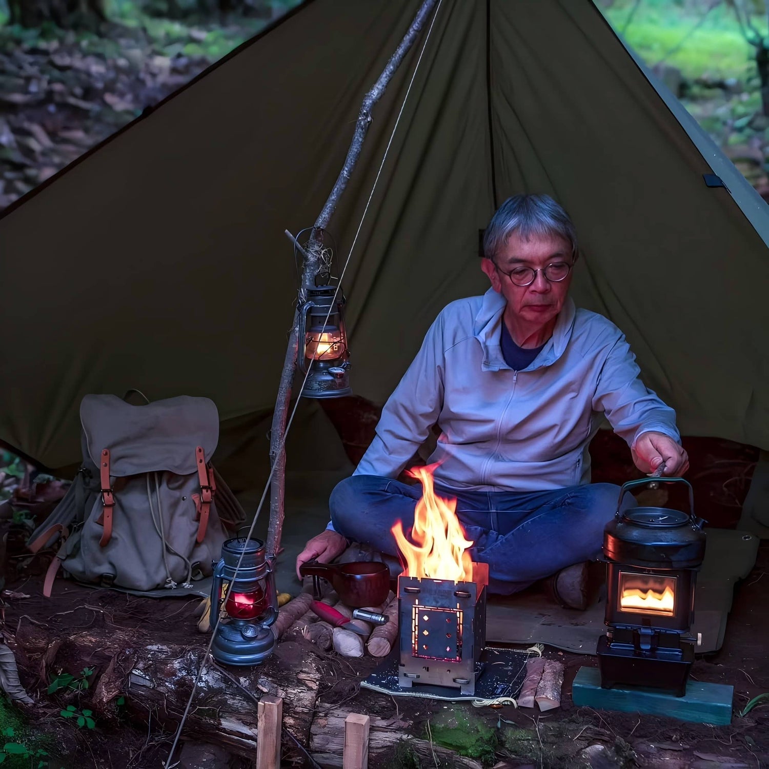 A man sits cross-legged inside a forest camping tent, tending a small wood-burning stove. He wears a light blue long-sleeve shirt and blue jeans.