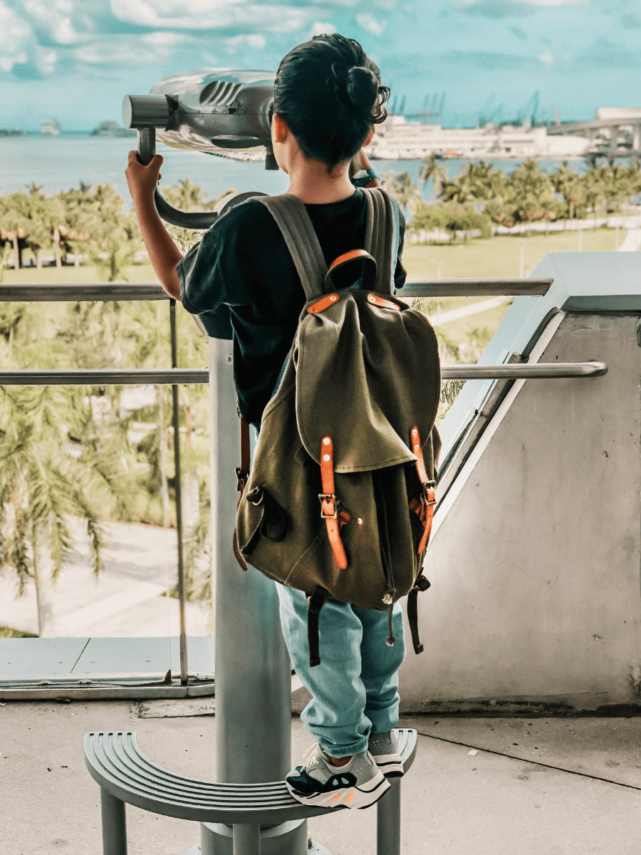 A person viewed from behind wearing an olive green canvas backpack with orange-brown leather accents, standing on a balcony and using a coin-operated viewing telescope.