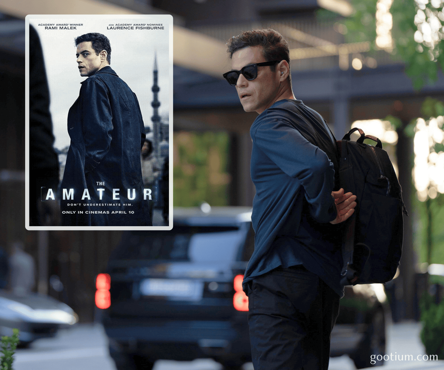 Man walking with a black canvas backpack on a city street, next to a movie poster for 'The Amateur'.
