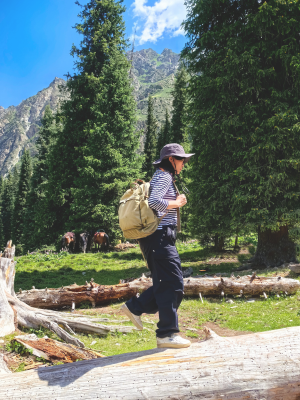 A person hiking outdoors in a mountain forest, wearing a striped shirt, dark pants, and a beige backpack while walking across a fallen log.