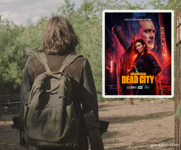 Person with a backpack walking outdoors, with a movie poster for 'Dead City' inset.
