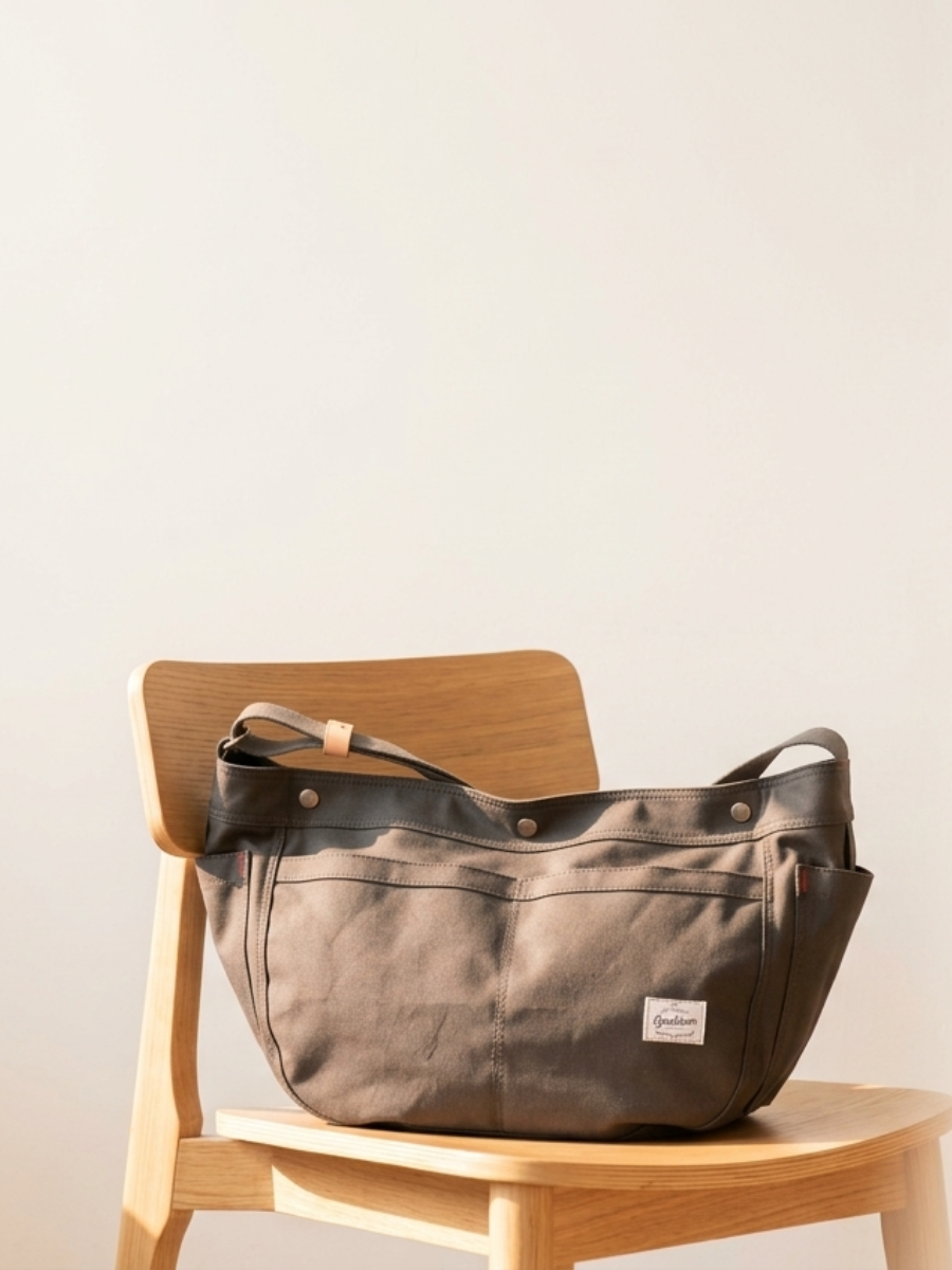 gootium canvas sling bag with a small white brand label, resting on a light wood chair against a plain off-white wall.