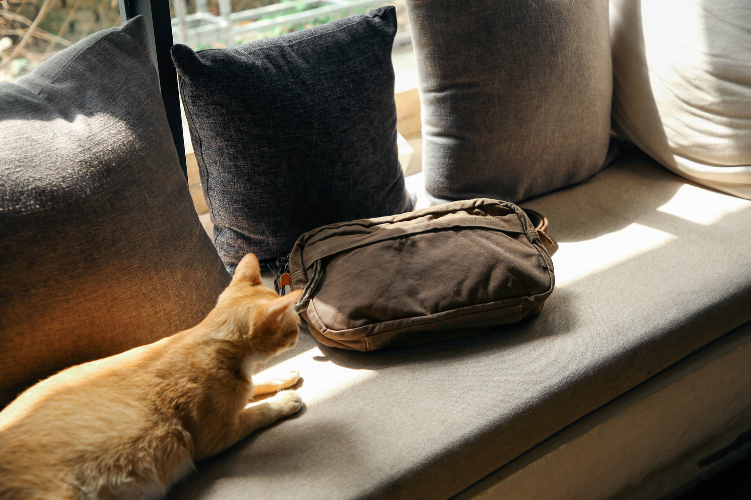 A brown canvas crossbody bag sits on a cushioned window seat next to a ginger cat, with several textured throw pillows in the background.