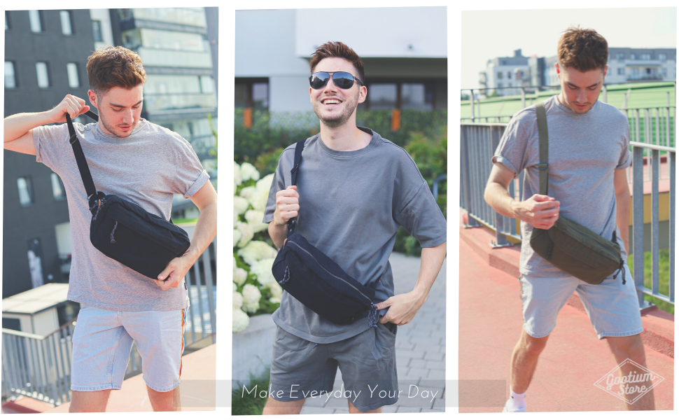 A three-panel lifestyle collage showing a man wearing a black crossbody sling bag in different outdoor settings. The bag has a wide, comfortable strap and a zippered front pocket.