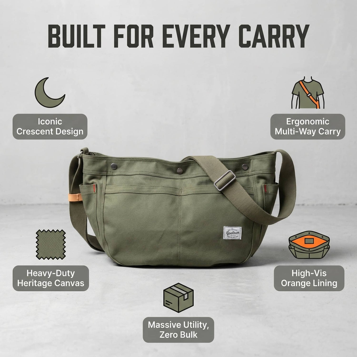 An olive green canvas messenger bag with a wide adjustable shoulder strap, displayed on a light gray background with informational callouts and text reading 'BUILT FOR EVERY CARRY' and feature labels.