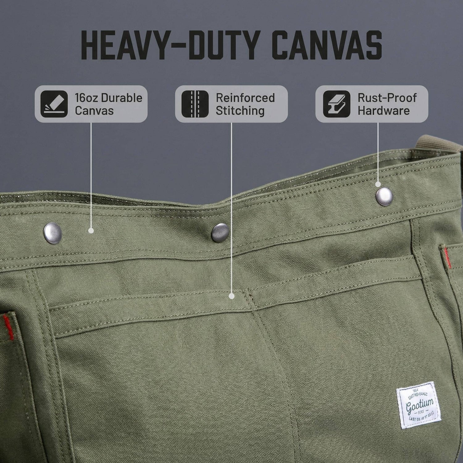 Close-up of an olive green canvas messenger bag with feature callouts reading 'HEAVY-DUTY CANVAS' and labels for 16oz durable canvas, reinforced stitching, and rust-proof hardware.