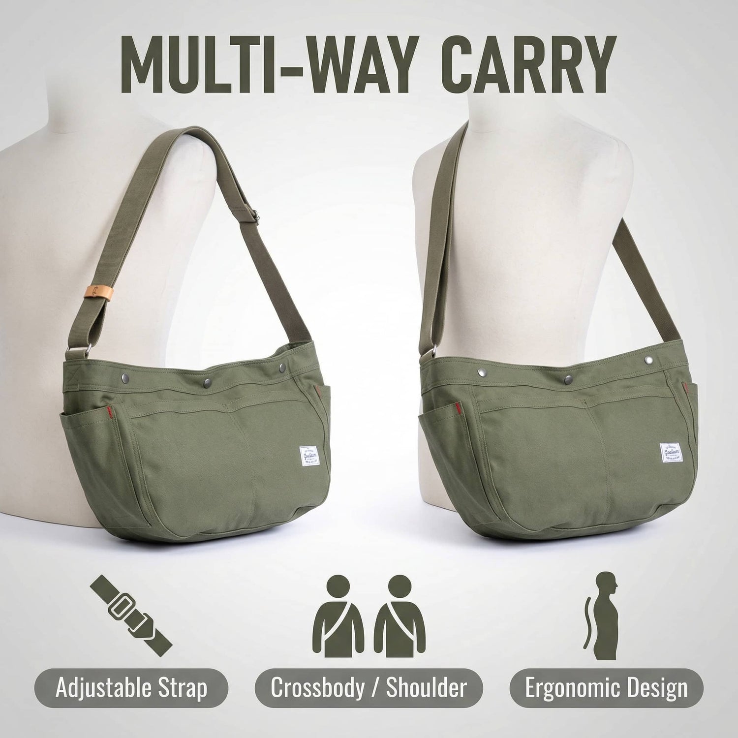 An olive green multi-way crossbody and shoulder bag shown on mannequin torsos, with text reading 'MULTI-WAY CARRY' and feature callouts below including adjustable strap, crossbody/shoulder use, and ergonomic design.