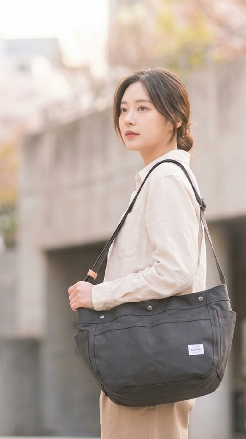A woman wearing a light beige shirt and beige pants carries a large black canvas shoulder bag with a black strap in an outdoor urban setting.