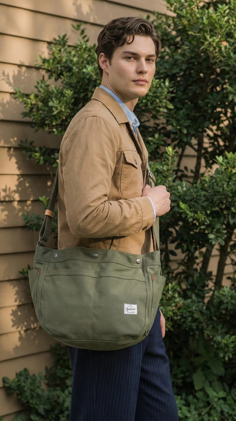 A man wearing a tan jacket and navy trousers carries an olive green canvas shoulder bag with a small white brand patch on the front, standing outdoors against a beige house wall and green foliage.