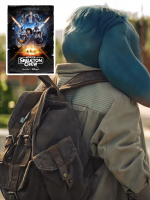 A person seen from behind wearing a large blue creature or monster headpiece and a gray jacket, with a dark backpack. In the upper left, an inset shows a movie poster for 'The Skeleton Crew' with Disney branding.