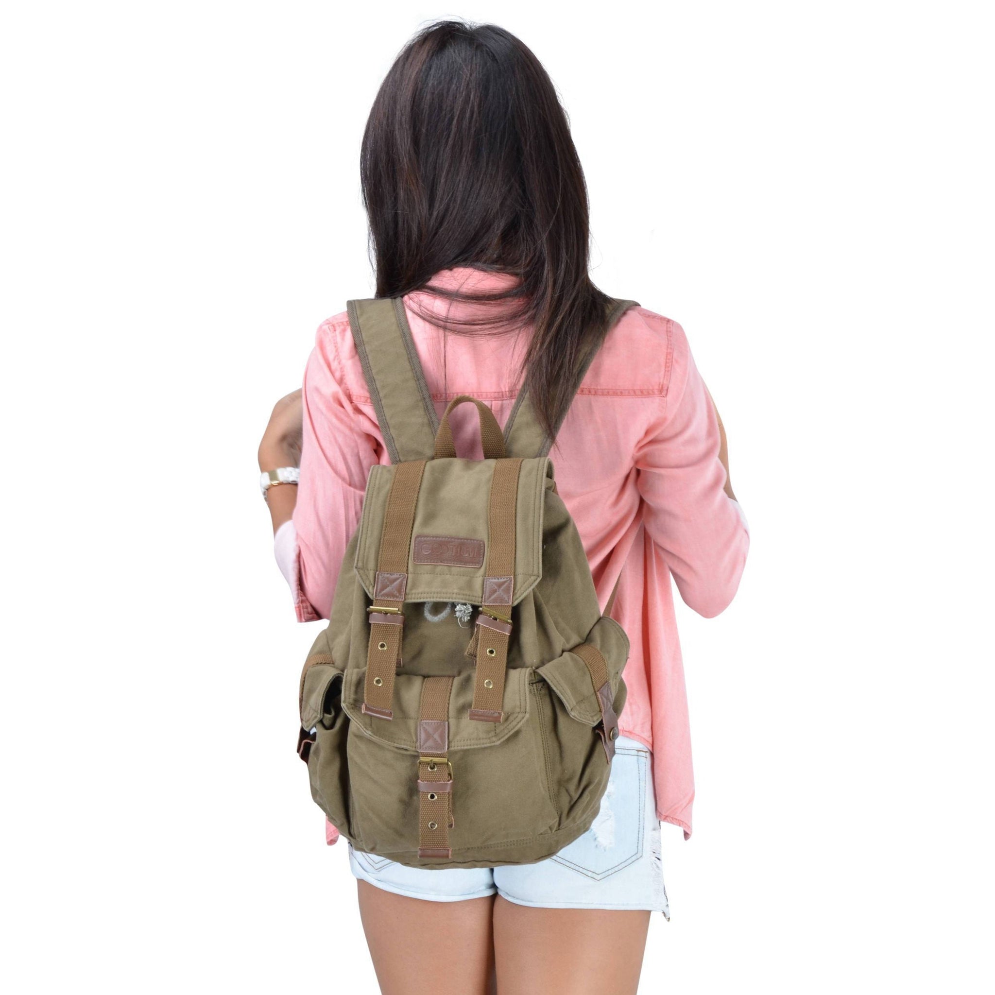 Pink Canvas Vintage Backpack Rucksack Leather Military Men Womens