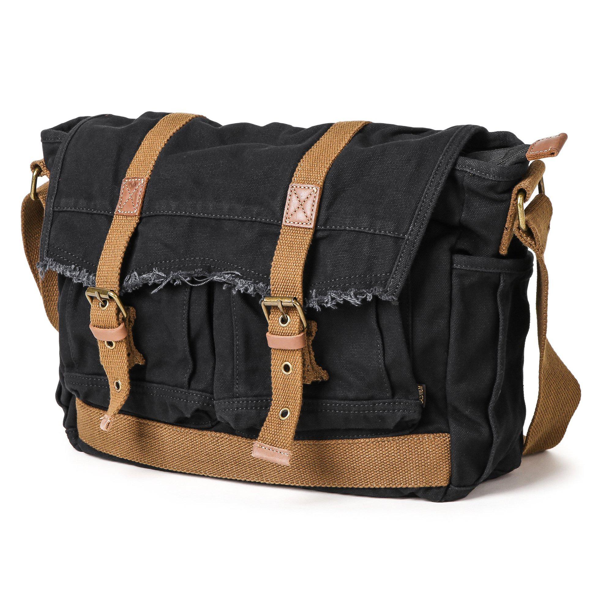 Leather & Canvas Messenger Bag in Black